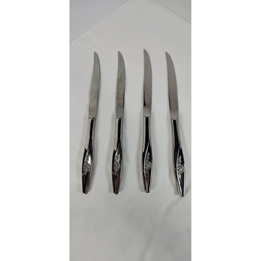 Oneida Lasting Rose Stainless Steel Serrated Steak Knives 4 Glossy Floral 9